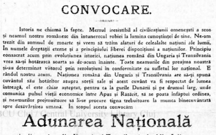 Anunțul convocării Marii Adunări de la 1 decembrie 1918