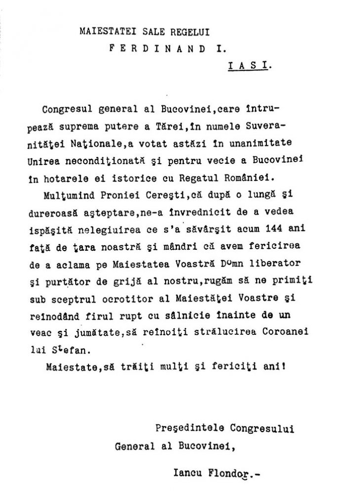 Telegramă trimisă regelui Ferdinand I de Congresul general al Bucovinei din 28 noiembrie 1918